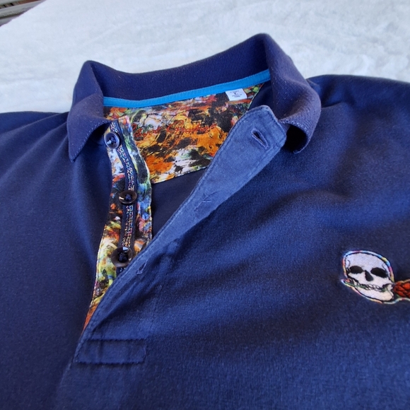 Robert Graham Embroidered Skull with Rose Navy Cotton Polo Shirt Men Size Large - Picture 11 of 16